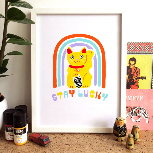 Stay Lucky Rainbow Cat Print